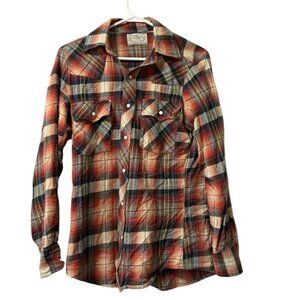 Mr Leggs Shirt Mens Small Plaid Flannel Pearl Snap USA 70s‎ 80s Western VTG